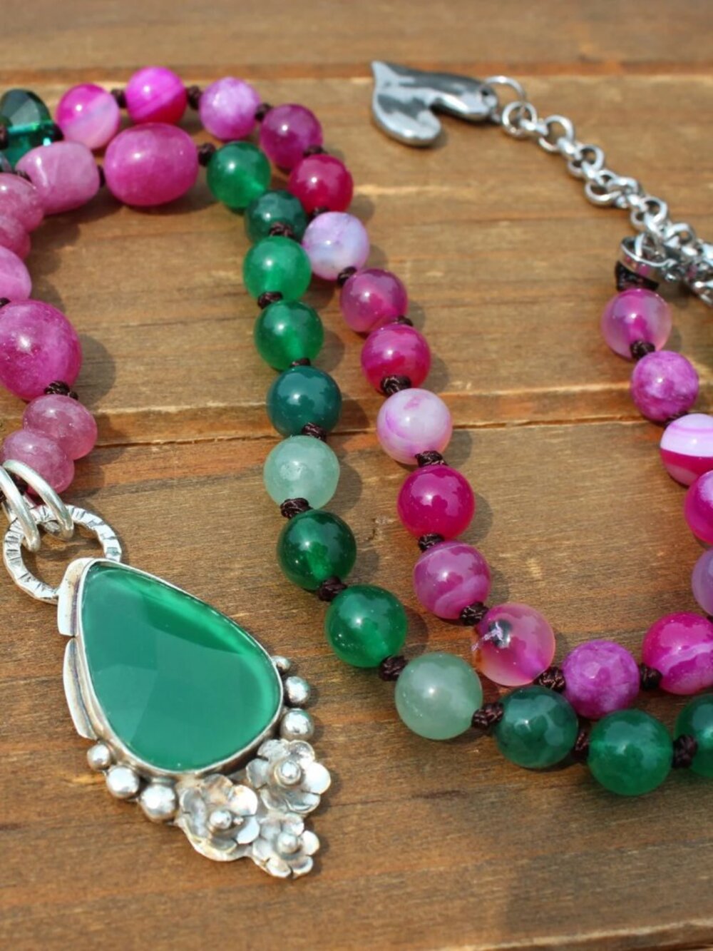 Handmade Pink and Green Beaded Gemstone Necklace Emerald Pendant, 20 Inches